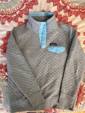 Patagonia Gray Pullover with Blue and Purple Logo Accents